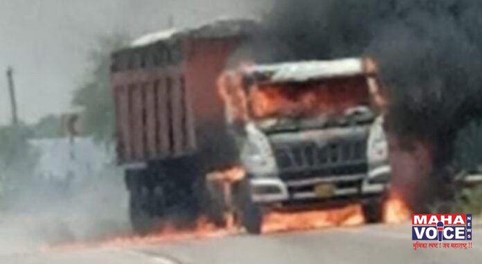 Running truck caught fire